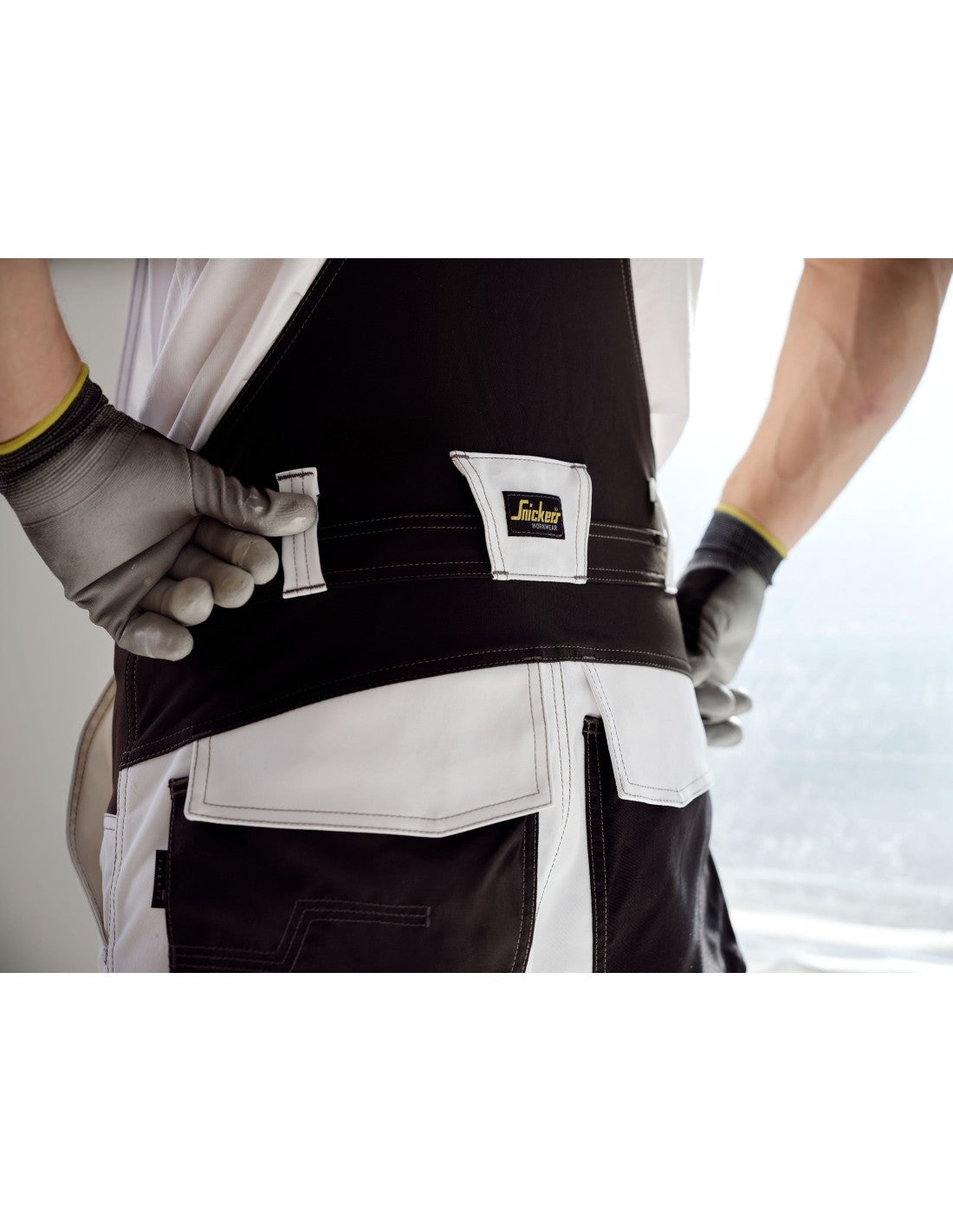 Pantaloni de lucru cu pieptar, stretch, Snickers Workwear, AllroundWork, 6051, White/Black