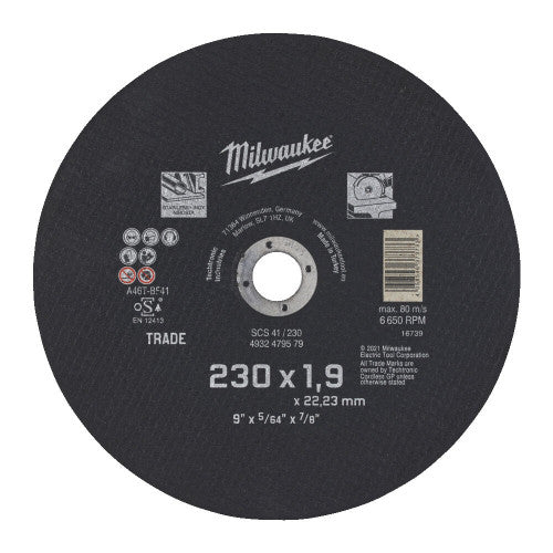 Disc abraziv pentru debitat metal Milwaukee SCS 230 x 1.9 x 22.22 mm, cod 4932479579