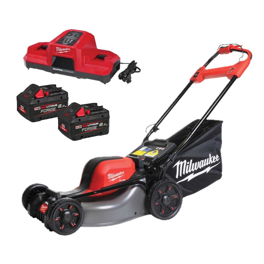 Mașină de gazon pe acumulatori auto-propulsată Milwaukee M18 F2LM46-802, 46 CM FUEL™, 2 x acumulator FORGE™ M18 FB8, 1 x încărcător rapid cu 2 porturi M18 DBSC, cod 4933499215