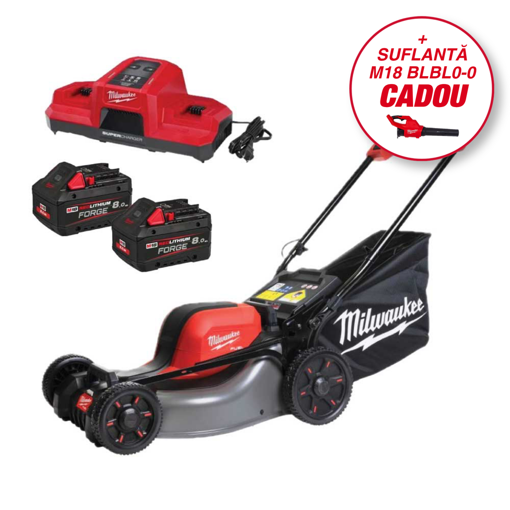 Mașină de gazon pe acumulatori auto-propulsată Milwaukee M18 F2LM46-802, 46 CM FUEL™, 2 x acumulator FORGE™ M18 FB8, 1 x încărcător rapid cu 2 porturi M18 DBSC, cod 4933499215