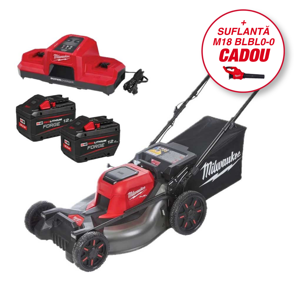 Mașină de gazon pe acumulatori auto-propulsată Milwaukee M18 F2LM53-122, 53 CM FUEL™, 2 x acumulator FORGE™ M18 FB12, 1 x încărcător rapid cu 2 porturi M18 DBSC, cod 4933499213