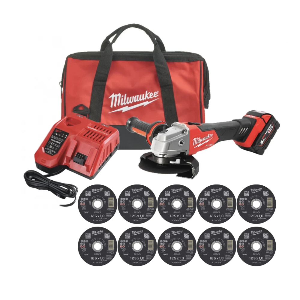 Polizor unghiular 125 mm cu comutator culisant Milwaukee M18 FSAG125X-501BRF FUEL™, 1 x acumulator M18 B5 , 1 x încărcător M12-18C, 1 x geantă de scule, cod 4933500779 + CADOU: 10 x disc abraziv SCS 125 x 1.0 x 22.22 mm, cod 4932479578