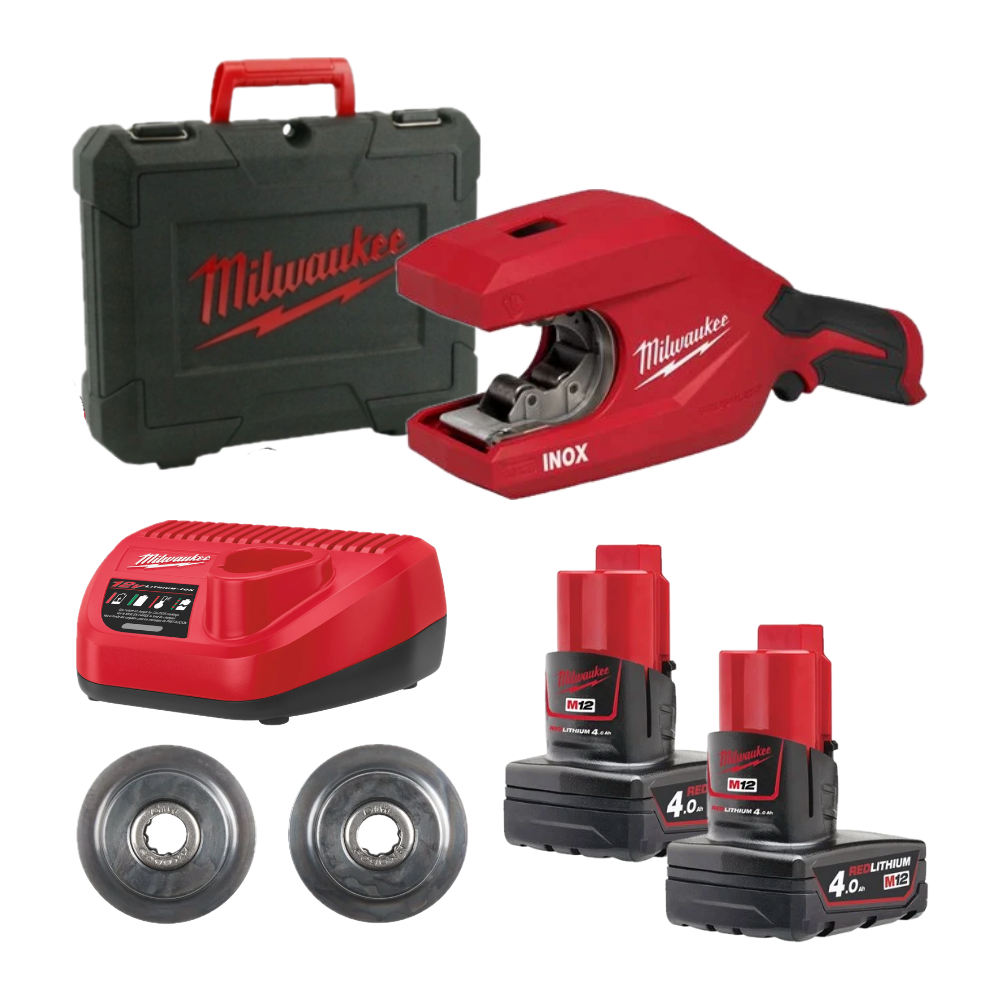 Tăietor de țevi din oțel inoxidabil Milwaukee M12™ PCSS54-402C RAPTORXL, 2 x acumulator M12 B4, 1 x încărcător C12 C, 1 x cutie de plastic, 1 x set role PCSSW54, cod 4933498605