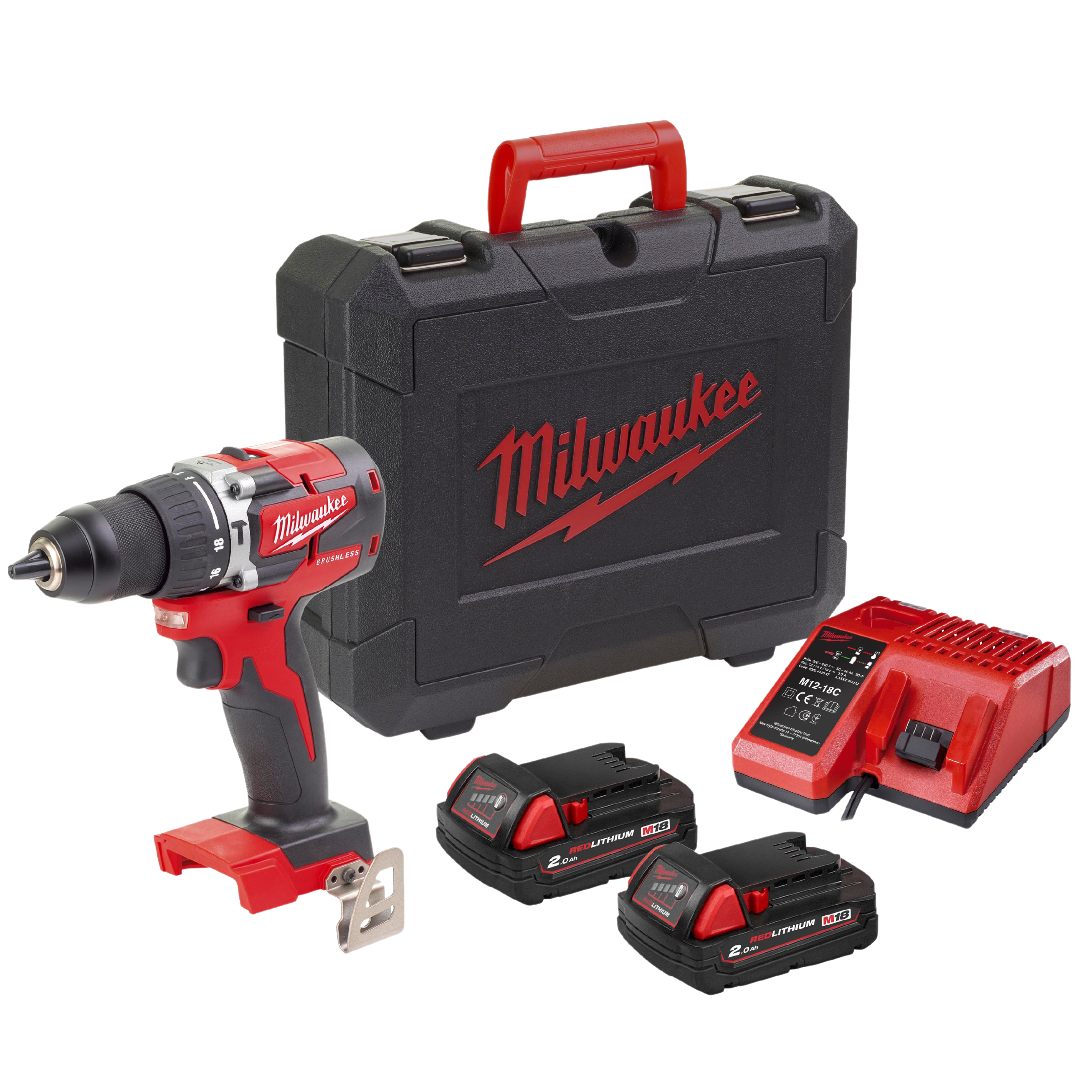 Mașină de găurit cu percuție fără perii M18™ Milwaukee M18 CBLPD-202C, 4933464320, 2 x M18 B2 acumulator, M12-18 C încărcător, cutie plastic - BIG STORE (Dynamic Tools SRL)