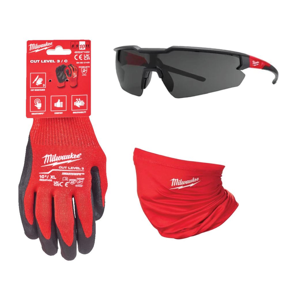 KIT Protecție Milwaukee Garden - 1 x mănuși, 1 x mască tip cagulă, 1 x ochelari de protecție