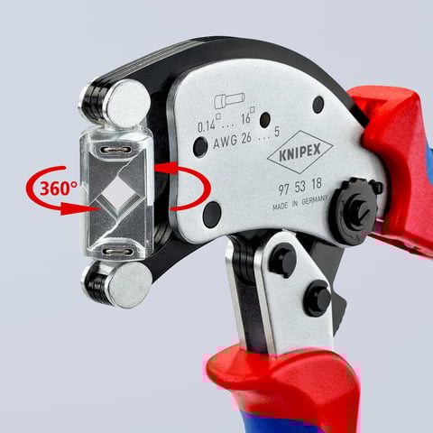 Clește de sertizat ferule cu auto-reglaj KNIPEX Twistor16®, cap de sertizare rotativ, 200 x 80 x 26 mm, cod 975318