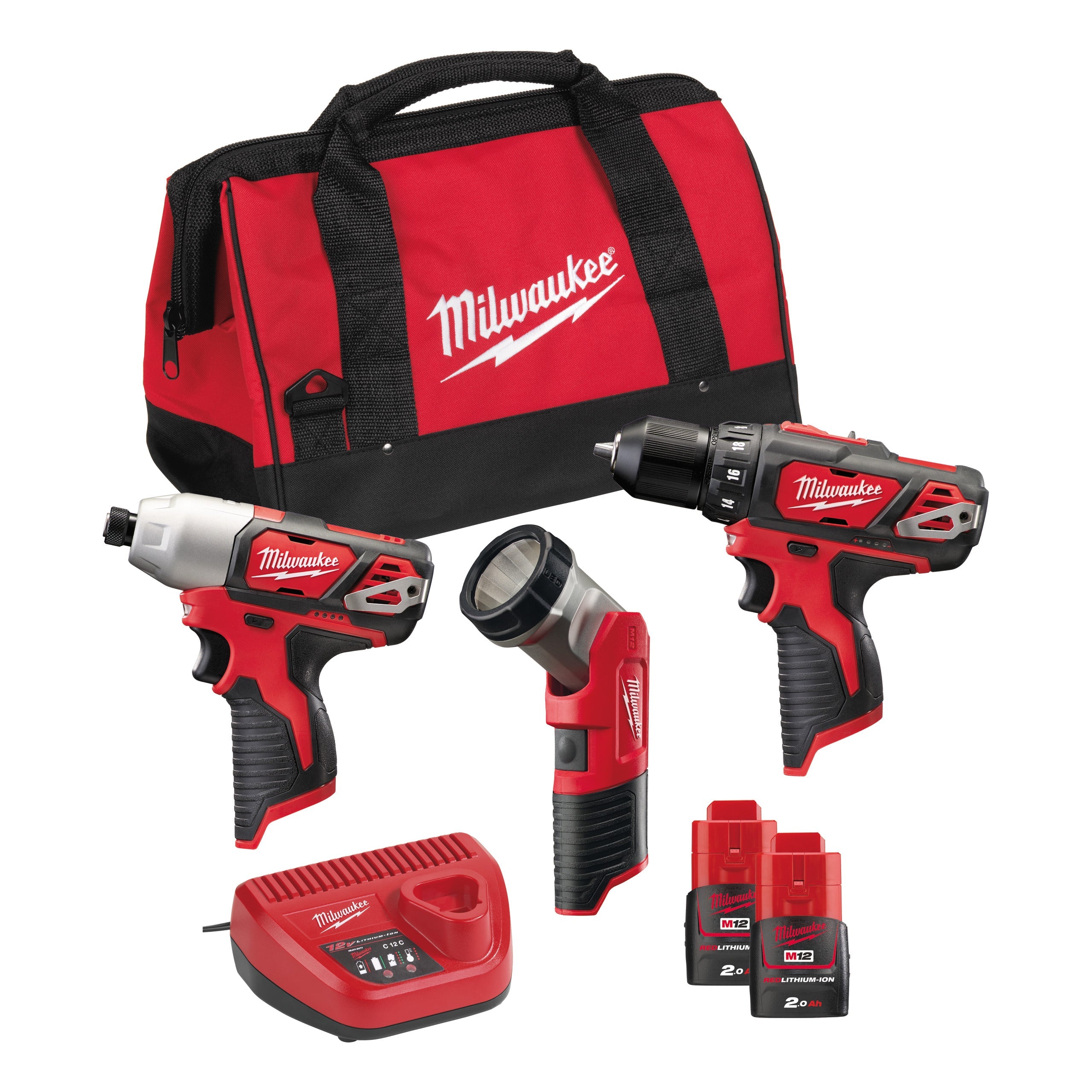 Set scule cu acumulatori M12™ Milwaukee M12BPP3A-202B, cod 4933441225, 2 x M12 B2 acumulator, 1 x C12 C încărcător, 1 x geantă