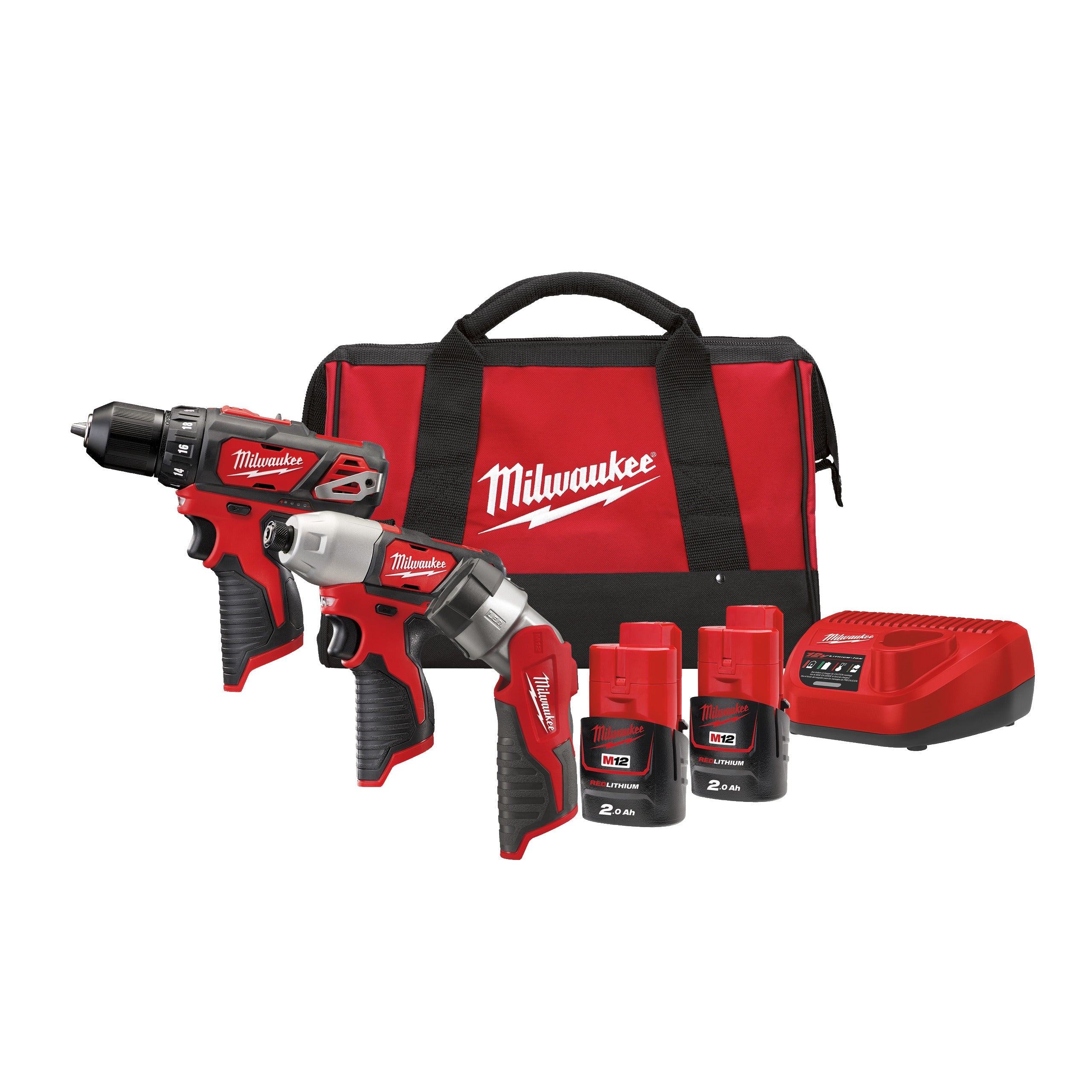 Set scule cu acumulatori M12™ Milwaukee M12BPP3A-202B, cod 4933441225, 2 x M12 B2 acumulator, 1 x C12 C încărcător, 1 x geantă