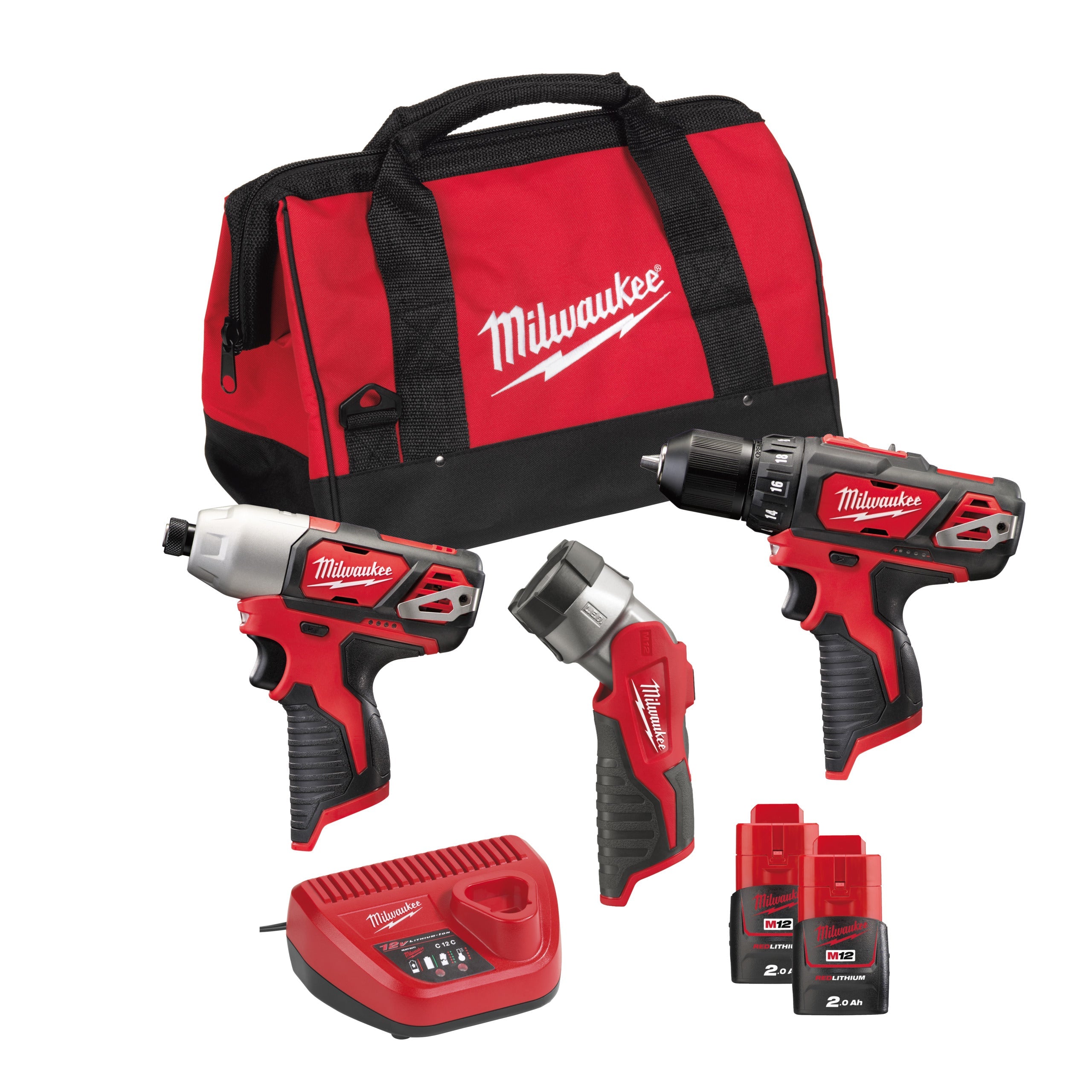 Set scule cu acumulatori M12™ Milwaukee M12BPP3A-202B, cod 4933441225, 2 x M12 B2 acumulator, 1 x C12 C încărcător, 1 x geantă